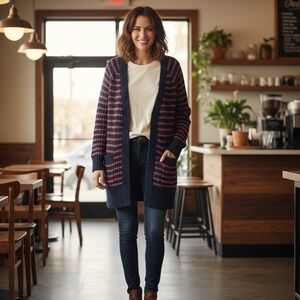 J Crew Cardigan Sweater Womens S Nordic Stripes Cable Knit VNeck Clueless Preppy